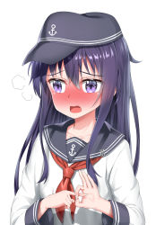 Rule 34 | 1girl, absurdres, akatsuki (kancolle), anchor symbol, black hat, blush, collarbone, commentary request, fig sign, flat cap, hair between eyes, hat, highres, kantai collection, long sleeves, neckerchief, nedia (nedia region), open mouth, penetration gesture, purple eyes, purple hair, red neckerchief, school uniform, serafuku, shirt, solo, upper body, white background, white shirt