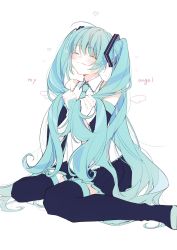 Rule 34 | 1girl, 39, aqua necktie, bare shoulders, black skirt, black thighhighs, blouse, blush, boots, closed eyes, closed mouth, detached sleeves, hand in own hair, hatsune miku, highres, holding, holding own hair, long hair, necktie, shirt, simple background, sitting, skirt, sleeveless, sleeveless shirt, smile, solo, thigh boots, thighhighs, very long hair, vocaloid, wariza, white background, white shirt, yamori shiki