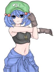 1girl bare_shoulders blue_eyes blue_hair breasts cabbie_hat closed_mouth commentary_request cowboy_shot crop_top dot_nose fumomono hair_bobbles hair_ornament hand_up hat highres kawashiro_nitori key light_blush light_smile looking_at_viewer midriff navel simple_background small_breasts solo stretching touhou v-shaped_eyebrows white_background