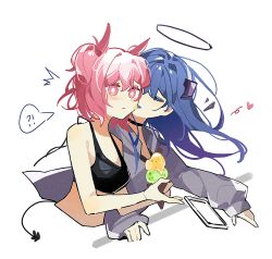 Rule 34 | !?, 2girls, ^^^, absurdres, arknights, black sports bra, blue hair, blue tongue, blush, cellphone, choker, colored tongue, cropped torso, closed eyes, fiammetta (arknights), food, food on face, halo, haobuguniao, heart, heart-shaped eyewear, highres, holding, holding food, horns, ice cream, licking, licking another&#039;s cheek, licking another&#039;s face, long hair, long sleeves, mostima (arknights), multiple girls, open mouth, parted lips, phone, pink hair, shirt, short hair, simple background, spoken interrobang, sports bra, tail, tongue, tongue out, upper body, white background, white shirt, yuri