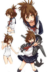 Rule 34 | 10s, 1girl, anchor, bow, bow panties, brown hair, camisole, clothes lift, downblouse, folded ponytail, fumitan (humitan), half updo, inazuma (kancolle), kantai collection, leaning forward, looking at viewer, machinery, no pants, open mouth, panties, school uniform, serafuku, shirt lift, solo, turret, underwear, underwear only, white panties, yellow eyes