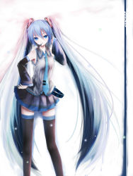 Rule 34 | 1girl, bare shoulders, black skirt, black thighhighs, blue eyes, blue hair, copyright name, detached sleeves, hair ornament, hand on own hip, hand on own head, hatsune miku, headphones, highres, light particles, long hair, looking at viewer, matching hair/eyes, microphone, necktie, open mouth, pleated skirt, shirt, shy (953416992), skirt, sleeveless, sleeveless shirt, solo, thighhighs, twintails, very long hair, vocaloid, zettai ryouiki