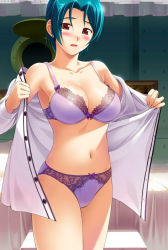 Rule 34 | 1girl, aqua hair, blue hair, blush, bra, breasts, cleavage, game cg, jpeg artifacts, large breasts, lime-iro ryuukitan x, lingerie, mature female, naoe shuro, off shoulder, open clothes, open shirt, panties, purple bra, purple panties, red eyes, shirt, short hair, solo, thighs, underwear, undressing