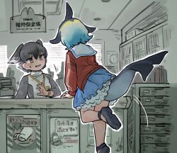 Rule 34 | 2girls, alternate costume, bird girl, bird wings, black footwear, black hair, black shirt, blonde hair, blue dress, blue hair, blush, cetacean tail, commentary request, common dolphin (kemono friends), common house martin (kemono friends) (toki reatle), desk, dolphin girl, dorsal fin, dress, fins, fish tail, frilled dress, frills, head wings, jacket, kemono friends, long sleeves, mary janes, multicolored hair, multiple girls, name tag, open clothes, open jacket, original, red jacket, sailor collar, sailor dress, shirt, shoes, short hair, standing, standing on one leg, sweatdrop, tail, toki reatle, track jacket, translation request, turtleneck, two-tone shirt, white shirt, wings