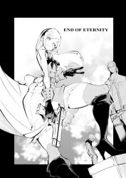 Rule 34 | 1girl, 2boys, blush, boots, breasts, character request, copyright name, dress, end of eternity, greyscale, gun, hairband, hand in pocket, handgun, high heel boots, high heels, highres, holding, holding gun, holding weapon, jacket, knee boots, long hair, looking at viewer, monochrome, multiple boys, nomomono eraser, open clothes, open jacket, pouch, shirt, small breasts, smile, thick thighs, thighhighs, thighs, v, weapon