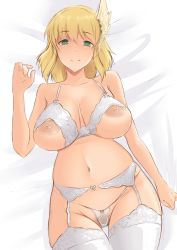 Rule 34 | absurdres, bed, blonde hair, bow, bow bra, bow thong, bra, breasts, feather hair ornament, female pubic hair, fire emblem, fire emblem: genealogy of the holy war, fire emblem: thracia 776, garter belt, garter straps, green eyes, hair ornament, highres, lace, lace garter belt, lace thighhighs, large breasts, lying, midriff, nanna (fire emblem), navel, nintendo, nipples, on bed, panties, pubic hair, ryumi-gin, see-through, see-through underwear, skindentation, smile, source request, string panties, thighhighs, thong, underwear, underwear only, white bra, white garter straps, white thighhighs