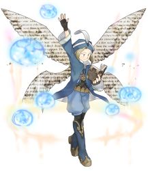Rule 34 | 1boy, arm up, blue mage (final fantasy), book, boots, brown eyes, brown hair, butterfly wings, final fantasy, full body, grimoire, hat, highres, holding, holding book, insect wings, kangda-nim, long sleeves, male focus, open book, original, puffy pants, reading, robe, short sword, simple background, solo, standing, sword, text focus, water, weapon, white background, wings