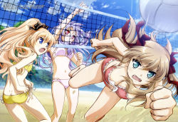 Rule 34 | 3girls, absurdres, animal ears, ass, ball, beach, beach volleyball, bikini, blonde hair, blue hair, breasts, brown hair, butt crack, cleavage, day, fang, fangs, foreshortening, front-tie top, highres, kiriya nozomi, lowleg, mayoi neko overrun!, medium breasts, megami magazine, multi-strapped bikini bottom, multi-strapped bikini top, multiple girls, nakamoto naoko, official art, open mouth, playing sports, serizawa fumino, side-tie bikini bottom, small breasts, swimsuit, tying, umenomori chise, volleyball, volleyball (object), volleyball net