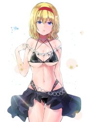 Rule 34 | 1girl, alice margatroid, bad id, bad pixiv id, bare arms, bare shoulders, bikini, bikini skirt, black bikini, black skirt, blonde hair, blue eyes, breasts, commentary request, cowboy shot, criss-cross halter, hair between eyes, hairband, halterneck, hand up, highleg, highleg bikini, highres, large breasts, looking at viewer, medium hair, parted lips, red hairband, simple background, skirt, solo, standing, swimsuit, thighs, touhou, white background, y2