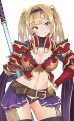 Rule 34 | 1girl, armor, belt, black panties, black thighhighs, blonde hair, blue eyes, breastplate, breasts, cleavage, cowboy shot, crop top, gold trim, granblue fantasy, grin, hair intakes, hairband, hand on own hip, large breasts, long hair, looking at viewer, midriff, miniskirt, navel, panties, pauldrons, polearm, purple skirt, shoulder armor, showgirl skirt, simple background, skirt, smile, solo, stomach, thighhighs, thighs, twintails, underwear, weapon, white background, yuzuruka (bougainvillea), zeta (granblue fantasy)