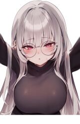 Rule 34 | 1girl, arms up, black sweater, blush, breasts, dot nose, ear bar, ear piercing, grey hair, highres, large breasts, long hair, long sleeves, open mouth, original, piercing, reaching, reaching towards viewer, red eyes, round eyewear, simple background, solo, sweat, sweater, white background, yonako (123456nya)