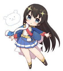 Rule 34 | 1girl, :o, belt, belt buckle, black footwear, black hair, blue eyes, blue jacket, blue skirt, blush, boots, buckle, chibi, commentary request, epaulettes, full body, fur-trimmed jacket, fur trim, hair ornament, highres, jacket, jacket on shoulders, kagura hikari, kinakonato, leaning to the side, long hair, long sleeves, looking at viewer, miniskirt, mr. white (revue starlight), outstretched arms, parted lips, pleated skirt, red sash, sash, shoujo kageki revue starlight, shoulder sash, simple background, single stripe, skirt, solo, sparkle hair ornament, standing, striped clothes, striped skirt, stuffed animal, stuffed toy, tassel, teddy bear, very long hair, waist cape, white background, yellow belt