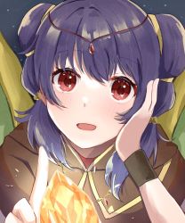 Rule 34 | 1girl, bead necklace, beads, bracelet, brown capelet, brown coat, capelet, circlet, close-up, coat, crystal, dragon girl, dragon wings, dragonstone, female focus, fire emblem, fire emblem: the sacred stones, fire emblem heroes, gem, glowing, gold trim, green wings, hair ornament, hair tie, hand on own cheek, hand on own face, highres, jewelry, kotoriya kuguri, long hair, multi-tied hair, myrrh (fire emblem), necklace, nintendo, official alternate costume, pale skin, pointing, portrait, purple hair, red eyes, smile, solo, stone, twintails, wings, wristband, yellow wings