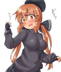 Rule 34 | 1girl, ^^^, black bow, black gloves, black hat, black skirt, black sweater, bow, brown eyes, brown hair, dress, fingerless gloves, fur hat, gloves, hair bow, hat, highres, kantai collection, long hair, looking at viewer, low twintails, papakha, pleated dress, simple background, skirt, solo, sweater, tashkent (kancolle), twintails, upper body, ver norma2, white background