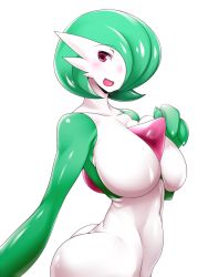 Rule 34 | 1girl, ass, blush, breasts, collarbone, creatures (company), female focus, from side, game freak, gardevoir, gen 3 pokemon, green hair, half-closed eyes, highres, himamushi nyuudou, large breasts, looking to the side, nintendo, no nipples, nude, open mouth, pokemon, pokemon (creature), red eyes, shiny skin, short hair, simple background, smile, solo, standing, white background