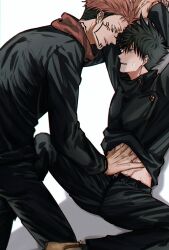 Rule 34 | 2boys, arm tattoo, arms up, black hair, black jacket, black pants, buttons, commentary request, extra eyes, facial tattoo, fushiguro megumi, fushirun rung, green eyes, hand on another&#039;s stomach, hand under clothes, high collar, highres, holding another&#039;s wrist, hood, hoodie, jacket, jujutsu kaisen, long sleeves, looking at another, male focus, multiple boys, pants, pink hair, red eyes, red hoodie, ryoumen sukuna (jujutsu kaisen), school uniform, scratches, shoes, short hair, spiked hair, tattoo, teeth, yaoi