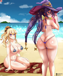 Rule 34 | 2girls, ass, bare shoulders, beach, bikini, blonde hair, blue eyes, blush, bow, breasts, butt crack, delta26, embarrassed, from behind, genshin impact, hair bow, hair ornament, highres, huge ass, jean (genshin impact), large breasts, long hair, looking at viewer, looking back, looking down, mona (genshin impact), multiple girls, purple hair, shiny skin, smile, swimsuit, thong, thong bikini, twintails, very long hair