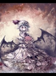 Rule 34 | 1girl, absurdres, alternate color, alternate costume, ayaya, bat wings, bouquet, dress, female focus, flower, frills, gathers, hat, hat ribbon, highres, lace, letterboxed, light purple hair, pink eyes, remilia scarlet, ribbon, rose, short hair, solo, touhou, vampire, wings