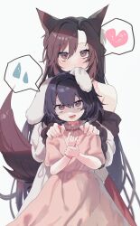 Rule 34 | 2girls, absurdres, animal ears, biting, black hair, brown eyes, brown hair, dress, ear biting, hands on another&#039;s shoulders, haruwaka 064, heart, highres, imaizumi kagerou, inaba tewi, multiple girls, pink dress, rabbit ears, rabbit girl, speech bubble, spoken heart, tail, touhou, white background, wolf ears, wolf girl, wolf tail