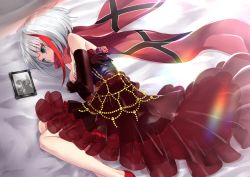 Rule 34 | 1girl, admiral graf spee (azur lane), admiral graf spee (girl&#039;s sunday) (azur lane), azur lane, bare shoulders, bed sheet, blue eyes, brown flower, brown rose, closed mouth, commentary request, dress, elbow gloves, feet out of frame, flower, gloves, layered dress, long hair, lying, multicolored hair, on side, picture frame, pleated dress, purple flower, purple rose, red dress, red flower, red footwear, red gloves, red hair, red rose, red scarf, rin2008, rose, scarf, see-through, shoes, silver hair, solo, strapless, strapless dress, streaked hair