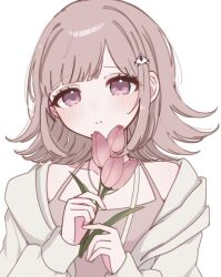 1girl alternate_costume blush brown_hair chi_gu danganronpa_(series) danganronpa_2:_goodbye_despair flipped_hair flower galaga hair_ornament highres holding holding_flower hood jacket long_sleeves looking_at_viewer medium_hair nanami_chiaki open_clothes open_jacket pink_eyes shirt solo