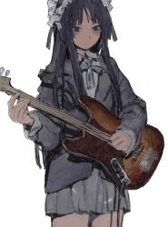 1girl akiyama_mio black_eyes black_hair blazer blue_ribbon blush closed_mouth collared_shirt cowboy_shot electric_guitar grey_jacket grey_skirt guitar hairband hasu_art highres holding holding_guitar holding_instrument instrument jacket k-on! lolita_hairband long_hair long_sleeves neck_ribbon pleated_skirt ribbon sakuragaoka_high_school_uniform school_uniform shirt simple_background skirt solo standing white_background white_shirt