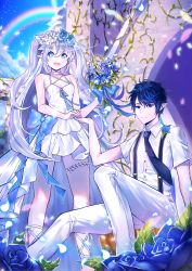 Rule 34 | 1boy, 1girl, bad id, bad pixiv id, bare shoulders, blouse, blue flower, blue rose, bouquet, ciel (elsword), collared shirt, day, demon girl, dress, elsword, falling petals, flower, hair between eyes, hair ornament, highres, holding hands, lium, long hair, luciela r. sourcream, outdoors, petals, plant, pointy ears, rainbow, ribbon, rose, shirt, sitting, standing, star-shaped pupils, star (symbol), symbol-shaped pupils, tagme, thigh strap, two side up, white hair, white shirt