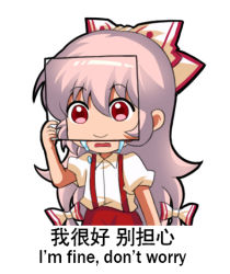 Rule 34 | 1girl, bilingual, bow, chinese commentary, chinese text, collared shirt, commentary request, covering face, cowboy shot, crying, drawing (object), english text, fujiwara no mokou, hair bow, hand up, holding, holding drawing, jokanhiyou, long hair, lowres, meme, mixed-language text, open mouth, pants, puffy short sleeves, puffy sleeves, red pants, shirt, short sleeves, sidelocks, smile, solo, streaming tears, suspenders, tears, touhou, translation request, truth, very long hair, white hair, white shirt