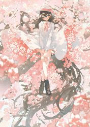 Rule 34 | 1girl, absurdly long hair, blue eyes, blurry, blurry foreground, blush, boots, branch, brown footwear, brown hair, cherry blossoms, closed mouth, commentary, dress, flower, full body, hat, hat flower, highres, long hair, long sleeves, looking at viewer, neck ribbon, original, outdoors, pink flower, pink ribbon, potg (piotegu), ribbon, smile, solo, tree, very long hair, white dress, white hat
