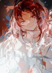 Rule 34 | 1boy, blood, blood on clothes, chinese commentary, chinsa, commentary request, hatsutori hajime, head tilt, highres, long hair, long sleeves, looking at viewer, male focus, parted bangs, red eyes, red hair, saibou shinkyoku, shirt, sketch, smile, solo, upper body, white shirt