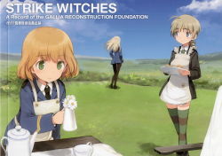 Rule 34 | 3girls, amelie planchard, apron, blonde hair, blue eyes, blue jacket, cup, field, flower, glasses, green eyes, highres, jacket, kettle, long hair, looking away, lynette bishop, military, military uniform, multiple girls, necktie, pantyhose, perrine h. clostermann, plate, scan, scan artifacts, strike witches, striped clothes, striped thighhighs, teacup, teapot, thighhighs, uniform, world witches series