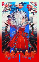 Rule 34 | 1boy, absurdres, akiakane, animal ears, blue eyes, collar, flower, from side, highres, jewelry, leaf, looking up, male focus, moon, muzzle, open mouth, original, parted lips, red collar, red flower, red shirt, sharp teeth, shirt, solo, studded collar, studded hairband, tears, teeth, twig, white hair, wolf cut