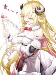 Rule 34 | 1girl, ahoge, animal ears, belt, belt pouch, blonde hair, blush, bow, breasts, brooch, closed eyes, commentary, cowboy shot, detached sleeves, dress, eyelashes, fenrir (fenlil0316), fur-trimmed dress, fur trim, hair ornament, hairclip, harp, highres, hololive, horns, instrument, jewelry, long hair, medium breasts, music, musical note, open mouth, pouch, red bow, sheep ears, sheep horns, simple background, singing, smile, solo, tsunomaki watame, tsunomaki watame (1st costume), virtual youtuber, white background, white dress