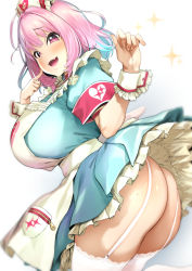 Rule 34 | 1girl, :d, ahoge, apron, armband, ass, blue dress, blue hair, blurry, blush, breasts, choker, commentary request, cowboy shot, dress, fang, finger to cheek, frilled apron, frilled skirt, frills, from side, garter straps, hair intakes, hands up, hat, huge breasts, idolmaster, idolmaster cinderella girls, lace, lace-trimmed legwear, lace trim, looking at viewer, medium hair, multicolored hair, nurse, nurse cap, open mouth, pija (pianiishimo), pink choker, pink eyes, pink hair, skirt, smile, solo, sparkle, sweat, thighhighs, two-tone hair, white background, white thighhighs, wrist cuffs, yumemi riamu, zipper, zipper pull tab