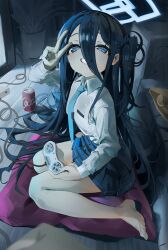 Rule 34 | 1girl, absurdres, aqua necktie, aris (blue archive), barefoot, black hair, blue archive, blue eyes, blue hair, blush, can, collared shirt, controller, couch, cushion, drink can, game controller, hair between eyes, halo, highres, holding, indoors, long hair, long hair between eyes, long sleeves, looking at viewer, mitsuki3s kir, multicolored hair, necktie, one side up, plant, pleated skirt, potted plant, shirt, sitting, skirt, soda, soda can, solo, v, very long hair, white shirt