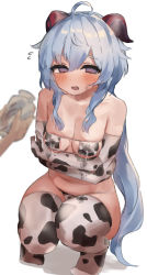Rule 34 | 1girl, absurdres, ahoge, animal print, areola slip, bad id, bad pixiv id, bare shoulders, bikini, blue hair, blush, breasts, cleavage, collarbone, cow print, crying, crying with eyes open, elbow gloves, embarrassed, empty eyes, epi zero, eyepatch bikini, flying sweatdrops, full body, ganyu (genshin impact), genshin impact, gloves, highres, holding, holding jar, horns, jar, lactation, lactation through clothes, long hair, looking at viewer, medium breasts, no shoes, print bikini, print gloves, purple eyes, self hug, sidelocks, simple background, solo focus, squatting, swimsuit, tears, thighhighs, very long hair, white background, white bikini, white gloves, white thighhighs