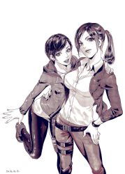 Rule 34 | 2girls, arm around shoulder, arm around waist, bad id, bad twitter id, belt, casual, claire redfield, dress shirt, earrings, hand on own hip, highres, holster, jacket, jewelry, katou teppei, lips, moira burton, monochrome, multiple girls, ponytail, resident evil, resident evil: revelations 2, shirt, short hair, side-by-side, very short hair