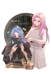 Rule 34 | 2girls, absurdres, akali, alternate costume, alternate hairstyle, blue hair, closed mouth, dress, english text, grey background, highres, holding, holding phone, kai&#039;sa, karliann, league of legends, long sleeves, looking at another, multiple girls, official alternate hairstyle, phone, pink eyes, pink hair, simple background, smile, star (symbol), star guardian akali, star guardian kai&#039;sa, white dress