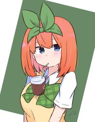 Rule 34 | 1girl, bendy straw, blue eyes, blush, breasts, bubble tea challenge, closed mouth, coffee cup, collared shirt, commentary request, cup, disposable cup, drinking, drinking straw, eyebrows hidden by hair, go-toubun no hanayome, green background, green ribbon, hair between eyes, hair ribbon, highres, kujou karasuma, looking at viewer, medium breasts, nakano yotsuba, object on breast, orange hair, ribbon, shirt, short sleeves, signature, solo, sweater vest, two-tone background, upper body, white background, white shirt