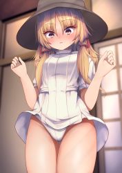 Rule 34 | 1girl, :o, blonde hair, blurry, blurry background, blush, cameltoe, commentary request, cowboy shot, darumoon, depth of field, dress, dress flip, eyelashes, full-face blush, hair ribbon, hat, highres, indoors, long hair, looking down, moriya suwako, paid reward available, panties, parted bangs, parted lips, red ribbon, ribbon, short dress, short sleeves, sidelocks, sweat, thick thighs, thigh gap, thighs, touhou, underwear, white dress, white panties, yellow eyes
