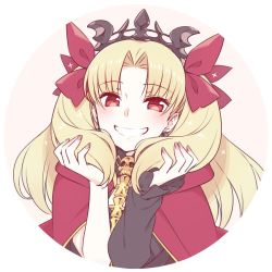 Rule 34 | 1girl, blonde hair, blush, chan co, ereshkigal (fate), fate/grand order, fate (series), hair ribbon, hands in hair, hands up, holding, holding own hair, hood, jewelry, long hair, looking at viewer, red eyes, ribbon, single sleeve, smile, solo, tiara, two side up, widow&#039;s peak