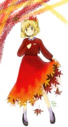 Rule 34 | 1girl, aki shizuha, artist name, black footwear, blonde hair, blush, closed mouth, clothes lift, dated, full body, hair ornament, highres, leaf, leaf hair ornament, lifted by self, long sleeves, maple leaf, pechi (h0t c0ffee), red shirt, red skirt, shirt, shoes, short hair, signature, skirt, skirt lift, smile, socks, solo, touhou, white socks, yellow eyes, zun (style)