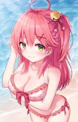 Rule 34 | 1girl, ahoge, beach, bell, bikini, breasts, closed mouth, collarbone, commentary request, floral print, frilled bikini, frills, green eyes, hair bell, hair ornament, hair ribbon, hololive, large breasts, long hair, looking at viewer, pink bikini, pink hair, pink ribbon, print bikini, ribbon, sakura miko, sakura miko (hololive summer 2019), sand, shishou (doragyurosu), smile, solo, swimsuit, virtual youtuber, water, x hair ornament