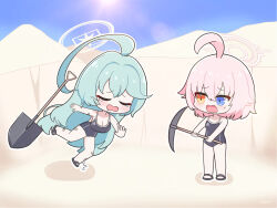 Rule 34 | 2girls, abydos high school swimsuit, ahoge, aqua hair, bandaid, bandaid on leg, black footwear, black one-piece swimsuit, blue archive, blue eyes, blue sky, blush, chibi, commentary, day, desert, hair between eyes, hair flaps, halo, heterochromia, highres, hoshino (blue archive), hoshino (young) (blue archive), huge ahoge, long hair, luceee, multiple girls, one-piece swimsuit, open mouth, outdoors, pickaxe, pink hair, pink halo, sandals, short hair, shovel, sky, sunlight, sweat, swimsuit, symbol-only commentary, tears, tripping, very long hair, yellow eyes, yellow halo, yume (blue archive)