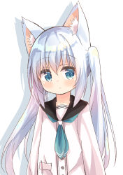 Rule 34 | 1girl, absurdres, animal ear fluff, animal ears, aqua neckerchief, black sailor collar, blue eyes, blush, closed mouth, commentary request, dress, drop shadow, hair between eyes, highres, jacket, long hair, looking at viewer, nakkar, neckerchief, open clothes, open jacket, original, pencil, sailor collar, sailor dress, silver hair, solo, twintails, very long hair, white background, white dress, white jacket