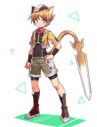 Rule 34 | 1boy, animal ears, bike shorts, bike shorts under shorts, black footwear, black hat, black shirt, black shorts, boots, bracer, brown hair, cabbie hat, cat boy, cat ears, cat tail, clenched hand, closed mouth, cougar (cougar1404), covered navel, cropped jacket, cut cat, full body, green eyes, grey shorts, hand on own hip, hat, hood, hood down, hooded jacket, jacket, looking at viewer, male focus, open clothes, open jacket, prototype design, shirt, short hair, short sleeves, shorts, smile, solo, standing, suspenders, sword, tail, tilted headwear, triangle, weapon, white background, yel (cougar1404), yellow jacket