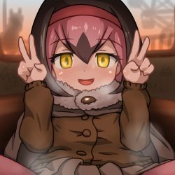 Rule 34 | 10s, 1girl, ai ai gasa, bad id, bad nicoseiga id, blush, brown hair, buttons, dodo (kemono friends), double v, evening, fur collar, hair between eyes, heart, heart-shaped pupils, highres, kemono friends, long sleeves, looking at viewer, multicolored hair, pink hair, smile, solo, spread legs, symbol-shaped pupils, v, vostok (vostok061), yellow eyes