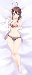 Rule 34 | 10s, 1girl, adapted costume, ahoge, bad id, bad pixiv id, barefoot, bed sheet, bikini, black bikini, black hair, blue eyes, blush, braid, collarbone, full body, gluteal fold, hair flaps, hair ornament, hair over shoulder, hand on own chest, highres, kantai collection, long hair, looking at viewer, lying, mashiro aa, navel, on back, open clothes, open mouth, open shirt, shigure (kancolle), shigure kai ni (kancolle), shirt, single braid, solo, swimsuit, teeth, wet