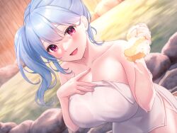 Rule 34 | 1girl, :d, blue hair, blush, breasts, cleavage, collarbone, dutch angle, fence, hair between eyes, highres, hio (hiohio0306), holding, holding sponge, large breasts, looking at viewer, naked towel, non-web source, onsen, open mouth, original, purple eyes, rock, side ponytail, sitting, smile, soap bubbles, solo, sponge, towel, water, wet, wooden fence