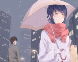 Rule 34 | 10s, 1boy, 1girl, bag, black hair, blurry, blurry background, braid, brown eyes, brown hair, cityscape, coat, commentary request, depth of field, faceless, faceless male, french braid, gloves, hair ribbon, holding, holding umbrella, kanon (https.), kimi no na wa., lamppost, long hair, looking back, miyamizu mitsuha, aged up, red ribbon, red scarf, ribbon, sad, scarf, shaded face, snow, spoilers, tachibana taki, umbrella, white coat, white gloves